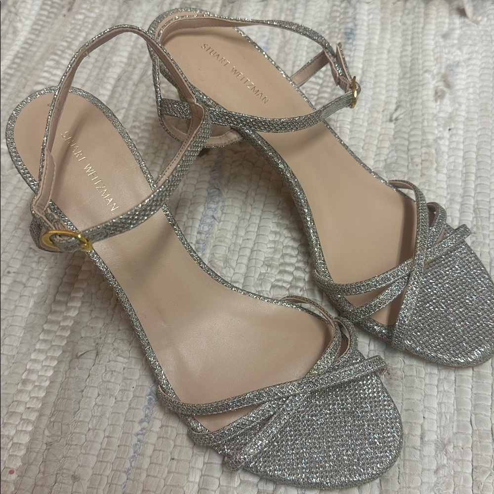 Stuart Weitzman Starla Strappy Sandal Heels Women's 9 multi color Glitter Gold